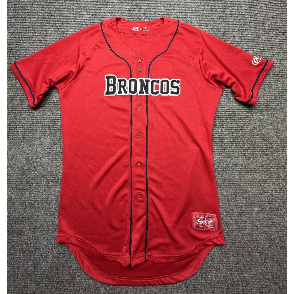 Rawlings Broncos Baseball Jersey‎ Mens Medium Red Pro-Dri Button Front 28